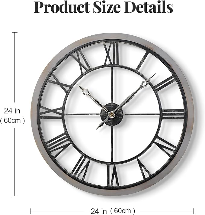 Large Wall Clock 24 Inch, Big Round Clock Decorative Battery Operated with Solid Wood Frame Non-Ticking Silent, Farmhouse Wooden Wall Clocks for Living Room, Kitchen, Office