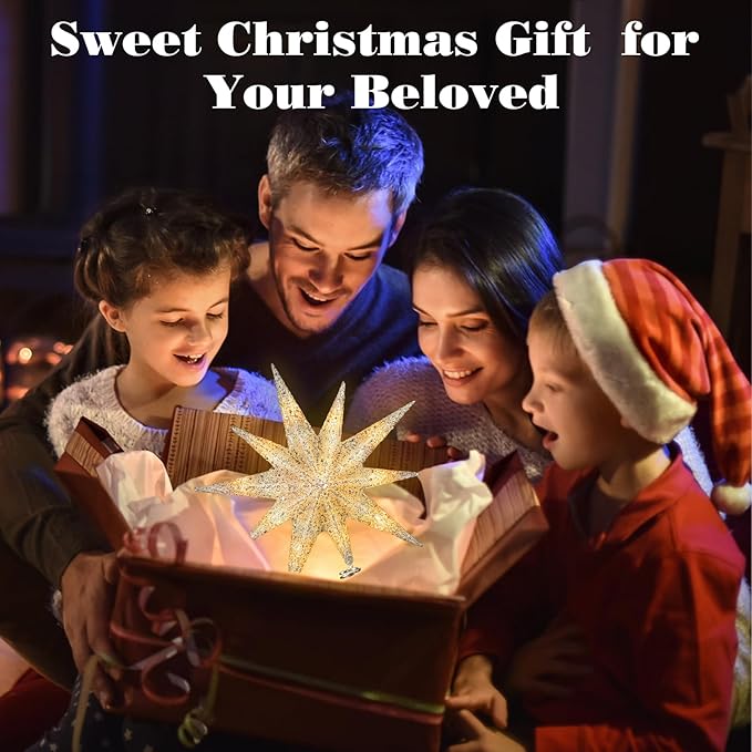 Lewondr Christmas Tree Topper Star, 13inch 10-Point Light Up Xmas Star Treetop with Plug and Remote Control for Home Christmas Decoration, 6H Timer & 8 Lighting Modes, Warm Light, Silver