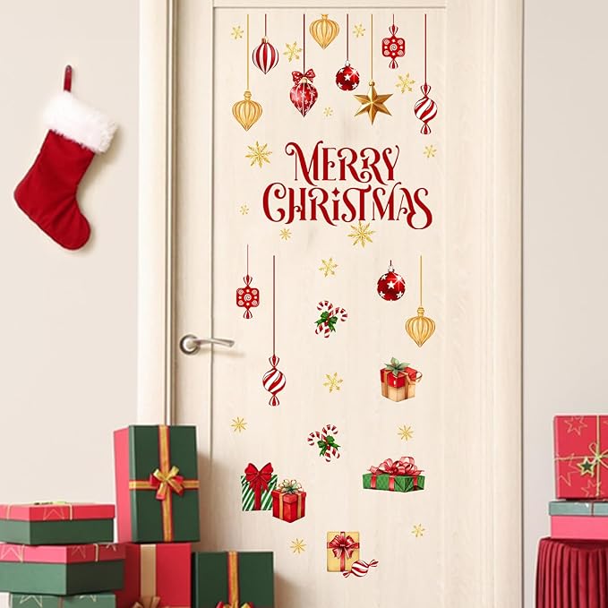 Mfault Merry Christmas Balls Wall Decals Stickers, Xmas Gifts Gold Snowflake Decorations Bedroom Art, Winter Holiday Peppermint Candy Cane Home Kitchen Decor