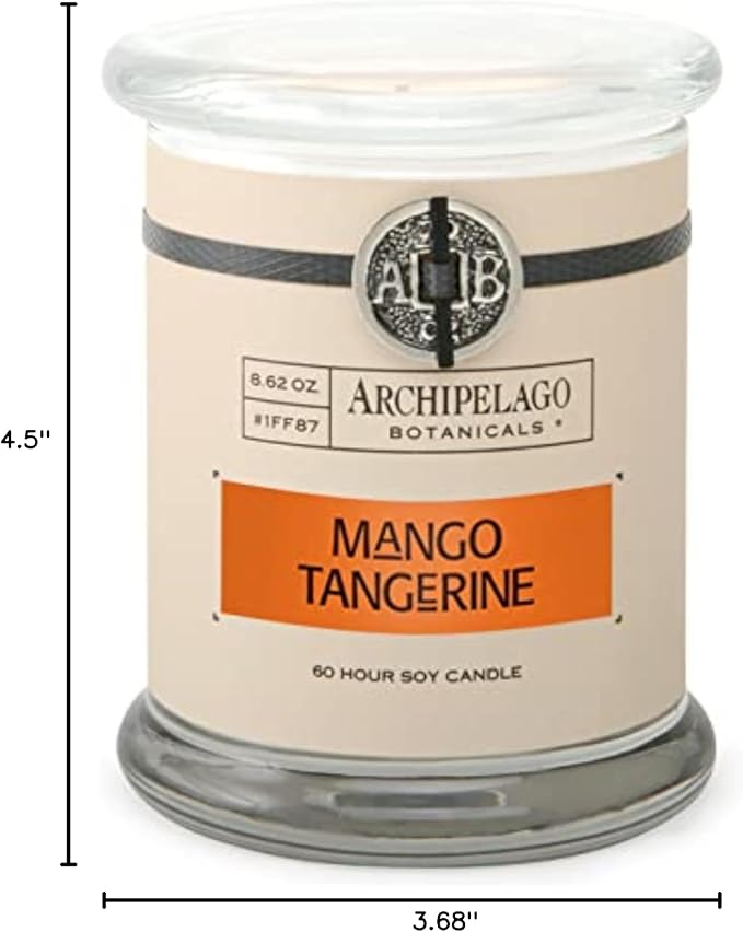 Archipelago Botanicals Scented Candle Hand-Poured Premium Wax, Burns Approx. 60 Hours, Mango, Tangerine, Soy Candle in Glass Jar, 4.5 Inch, 8.6 oz