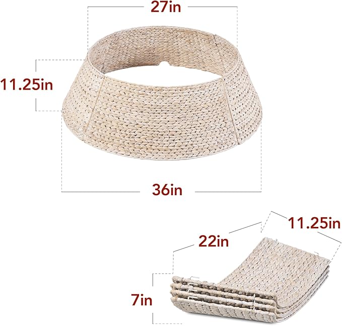 Best Choice Products 36in Christmas Tree Collar, Woven Hyacinth 3-Piece Holiday Rattan Tree Skirt Accessory for Home w/Cord Cut-Out - Transparent White
