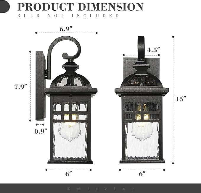 Emliviar Farmhouse 15 Inch Patio Wall Light Fixture, 1-Light Outdoor Wall Light with Water Ripple Glass, Black Finish, DE281B BK-WP