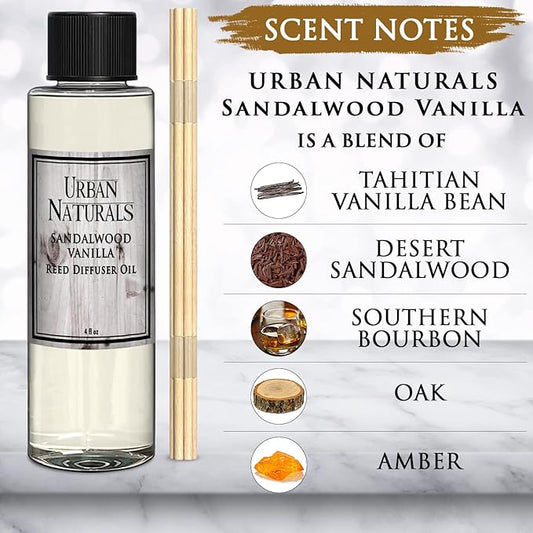 Urban Naturals Sandalwood & Vanilla Reed Diffuser Refill Set | Includes a Free Set of Reed Sticks! 4 oz | Great Gift Idea Home Fragrance Lovers!