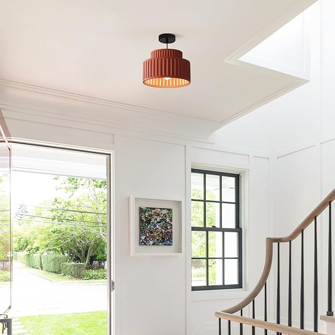 Mid Century Modern Nordic Pendant Lights Kitchen Island Vintage 1 Light Single Hanging Light Fixture with Orange Red Resin Shade Colorful Round Pendant Lighting for Dining Room Hallway MPL33-R