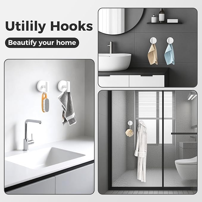 Shower Hooks for Inside Shower,No-Drill Removable&Reusable Towel Hooks for Bathroom,Heavy Duty Suction Cup Hooks for Glass Window,2 Packs(White)