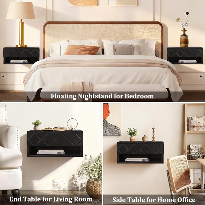 Floating Nightstand, Small Modern Floating Nightstand with Drawer, Floating Shelves for Bedroom, Bathroom Minimalist and Unique Style 16”x 10”x 8”Black