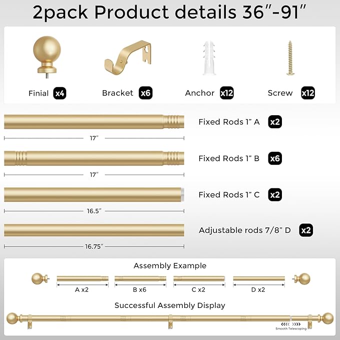 2 Pack Gold Curtain Rod, 1 Inch Adjustable Heavy Duty Curtain Rods for Windows 48 to 84 Inch, Decorative Modern Window Treatment Rods, Splicing Metal Drapery Pole, Easy Installation