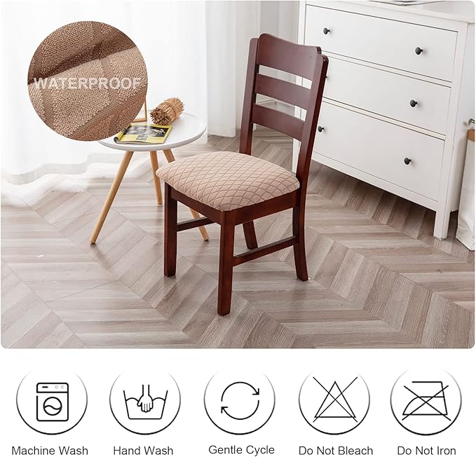 Genina Waterproof Seat Covers for Dining Room Chairs, Stretch Chair Covers Removable Washable Dinning Room Kitchen Chair Seat Cushion Slipcovers (Argyle-Khaki, 2 PCS)