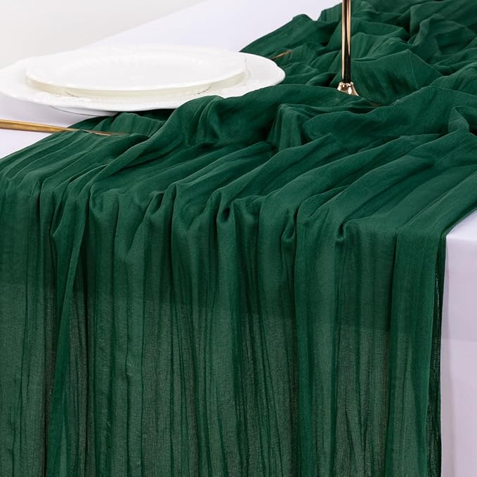 Socomi 6pcs Emerald Green Cheesecloth Table Runner Valentine's Day Boho Rustic Gauze 120 inch 10FT Cheese Cloth Runner for Wedding Party Baby Shower Birthday Home Decor Holiday Decorations