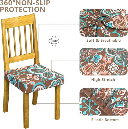 Stretch Dining Chair Seat Covers Set of 6,Dining Chair Slipcovers, Floral Printed Chair Covers,Soft Fabric Washable Upholstered Chair Seat Protector, No Rear Covers for Home Kitchen Dining Room
