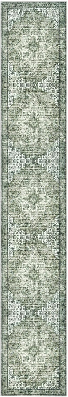 2.6x14 Washable Rug for Entryway, Green Soft Printed Area Rug, Non-Slip Kitchen Rugs, Low-Pile Medallion Indoor Door Mat, Small Farmhouse Carpet for Entrance Kitchen Foyer Bedside
