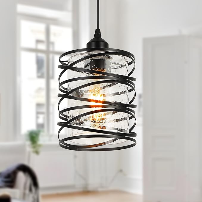 Black Pendant Lights for Kitchen Island, Industrial Farmhouse Pendant Light Fixtures with Seeded Glass Shade, Adjustable Spiral Iron Pendant Lighting for Foyer Hallway Dining Room Kitchen
