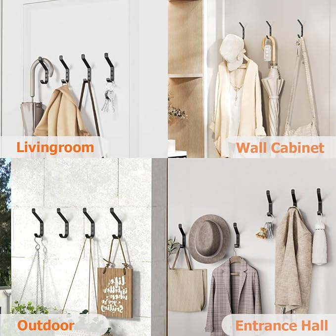 Wall Hooks for Hanging Coats - 5 Pack Double Hook Design, Hat Organizers, Wall Mount Hangers for Bags and Keys, Perfect for Garage, Workshop, Entryway, Closet, and DIY Projects (Black 2)