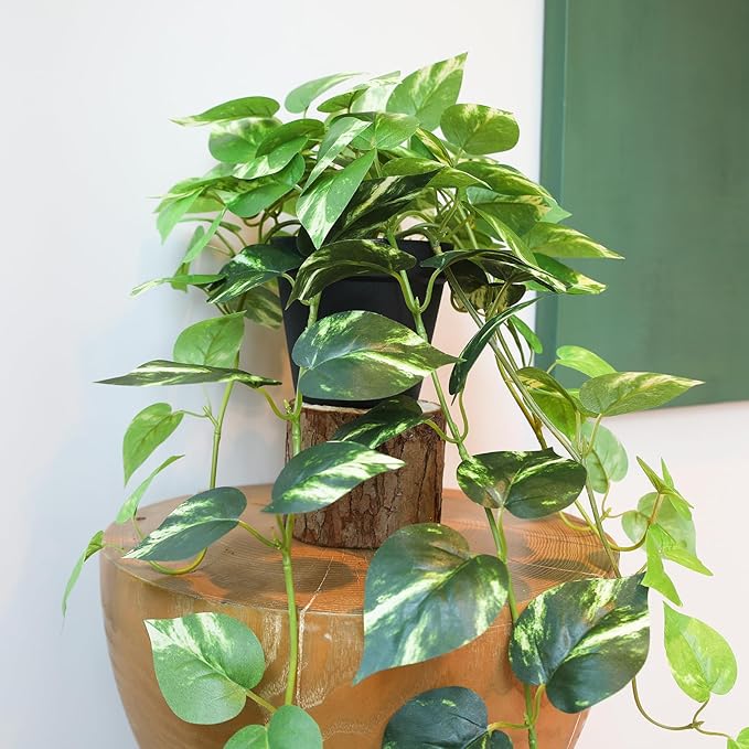 alyptus Fake Pothos Hanging Plants - 33" Set of 2 Artificial Silk Ivy Vines with Pots, Realistic Faux Greenery for Indoor Home Decor, Low Maintenance Hanging Plant Decoration (Golden Green)
