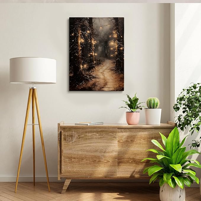 Moody Christmas Path Oil Painting - Whimsical Wall Art, Dark Cottage Core, Living Room Art, Dark Academia, Fireplace Decor - 16x24in Framed