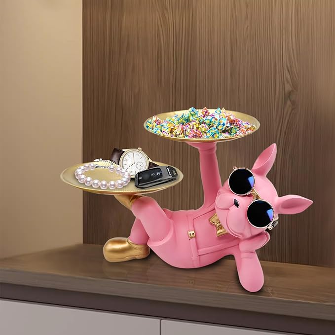 Resin French Bulldog Tray Statue, Lying Bulldog Candy Dish Key Holder Bowl, French Bulldog Accessories, Statues for Office Desk Home Decor Figurines Entryway Table Decor (Pink)