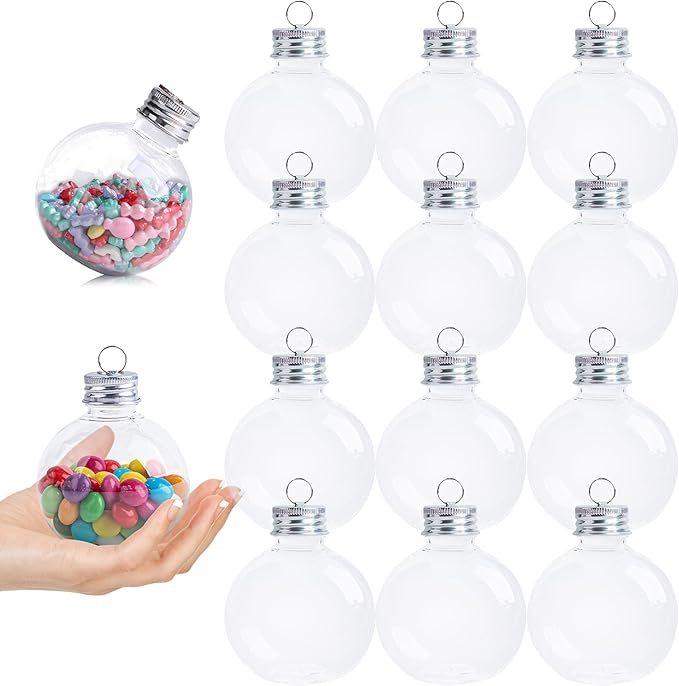 12 Pcs Clear Christmas Ornaments Balls, 5oz Fillable Plastic Christmas Ornament Balls for Christmas Tree Hanging Decoration & White Elephant Gifts