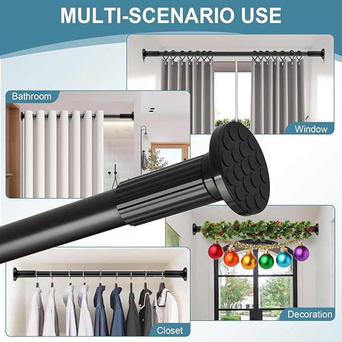 ZOCONE Tension Curtain Rod 51-148 In (4.25-12Ft), Long Outdoor Curtain Rod No Drilling for Patio Window, Adjustable Shower Curtain Rod for Bathroom, Never Rust, Tool-Free, Rod Diameter 1.26 In, Black