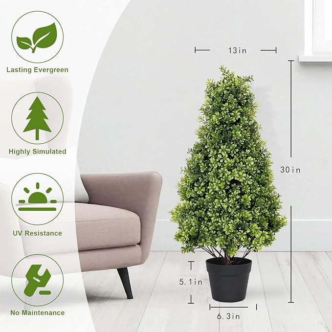 2.5ft Artificial Boxwood Topiary Trees, 30'' UV Resistant Faux Plants for Outdoor Planter, Front Porch Decor, Set of 2