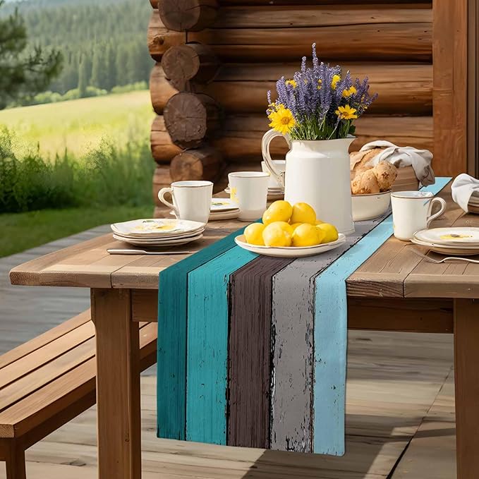 Table Runners 13X120 Inches Extra Long, Ombre Peacock Blue Gray ,Cotton Linen Farmhouse Retro Rustic Barn Wood Texture Tablecloths Non-Slip Party Table Decorations for Kitchen ,Home ,Dining ,Outdoor,