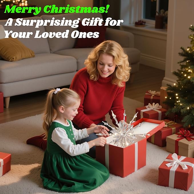 Lewondr Christmas Tree Topper, 12.2'' Metal Xmas Star Tree Topper with 20 LED Bulbs, USB Powered Glittered 12-Pointed Treetop for Christmas Ornaments, Remote Control, 6H Timer, 8 Light Modes, Silver