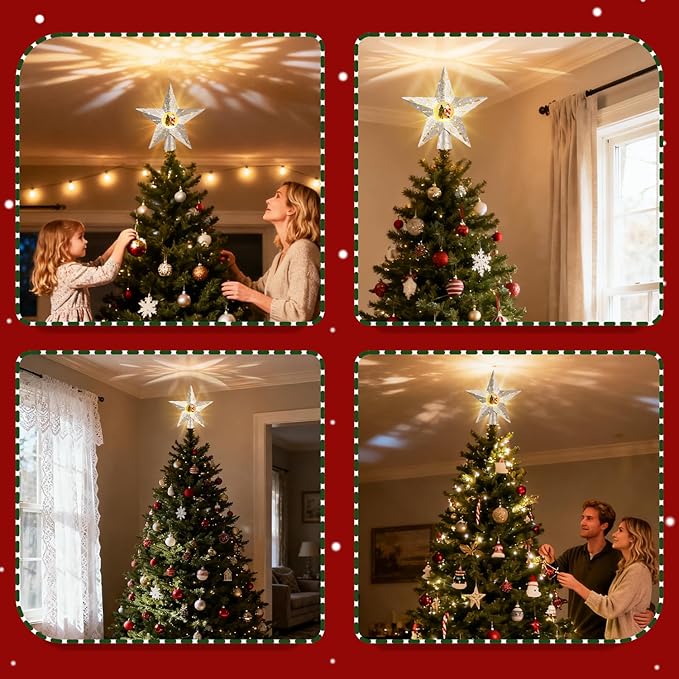 Silver Rotating Christmas Tree Topper Star with Santa Scene, 4 Warm Yellow LED Lights, Spinning Motion, Glitter Silver Finish, Tree Decoration with 9.8FT Power Cord for Holiday Home Decor