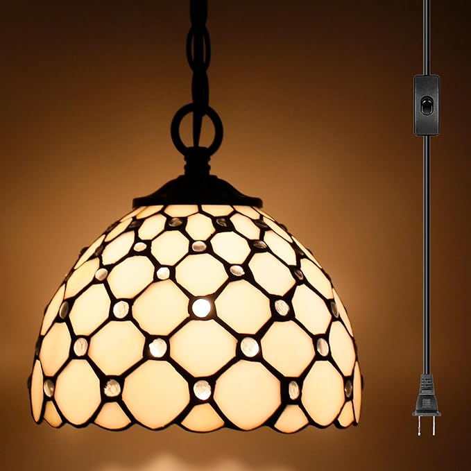 Small Tiffany Pendant Light Stained Glass Plug in Hanging Lamp 8 Inch Adjustable Height Hanging Chandelier Pendant Fixture for Home Kitchen Island Dining Room (Cream Pearl Bead Style)