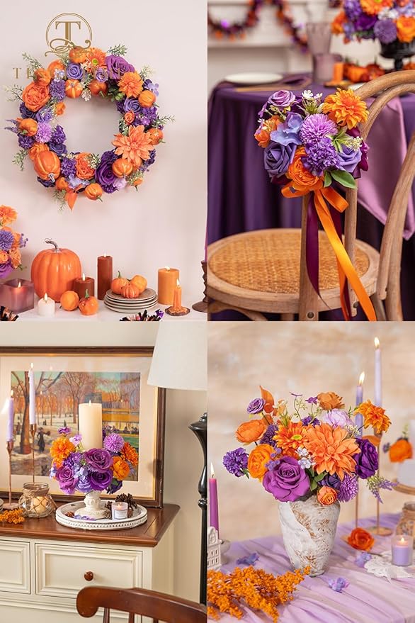TINGE TIME Rose Artificial Flowers Combo, Fake Foam Roses with Stems for DIY Autumn Wedding Bridal Shower Party Table Centerpieces Fake Floral Arrangement Home Decor(Burnt Orange and Purple)