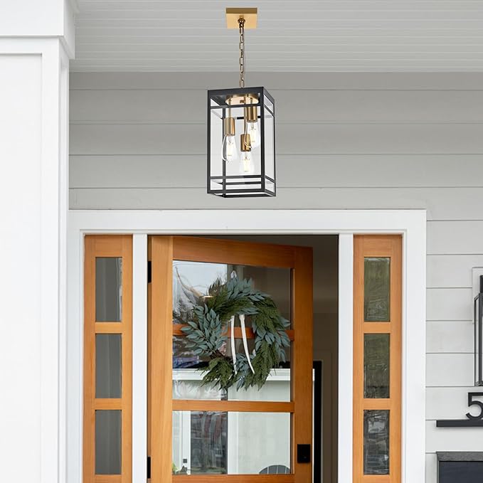 3-Light Outdoor Pendant Lights for Porch, Black & Brushed Brass Outdoor Chandelier 16'' Exterior Hanging Porch Light Fixtures w/Clear Glass, Waterproof Outside Pendant Lantern for Garage