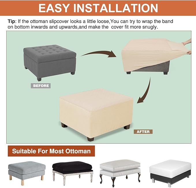 NeColorLife Square Ottoman Cover Waterproof Ottoman Slipcover Thick Storage Footrest Stool Covers Furniture Protector for Pets(Large Size,Khaki)