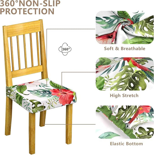Stretch Dining Chair Seat Covers Set of 6,Dining Chair Slipcovers, Floral Printed Chair Covers,Soft Fabric Washable Upholstered Chair Seat Protector, No Rear Covers for Home Kitchen Dining Room