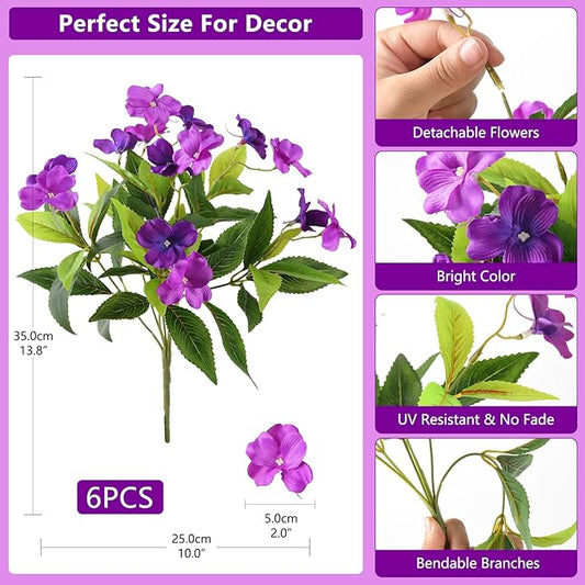 Artificial Fake Flowers for Outdoor, 6 Bundles UV Resistant Faux Plants Decoration Silk Flowers No Fade Plastic Flowers for Outside Planters Home Porch Patio Yard Garden Decor(Purple)