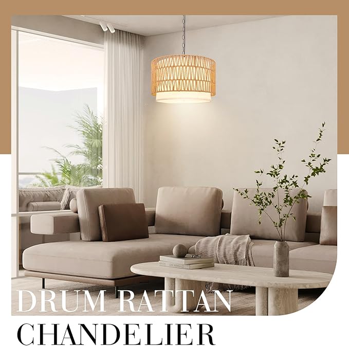 Rattan Drum Chandeliers for Dining Room, 19.7" 5-Lights(Bulbs Included) Boho Chandelier Light Fixture, Farmhouse Dining Room Light Fixtures Over Table, Hanging Light for Kitchen, Living Room, Bedroom