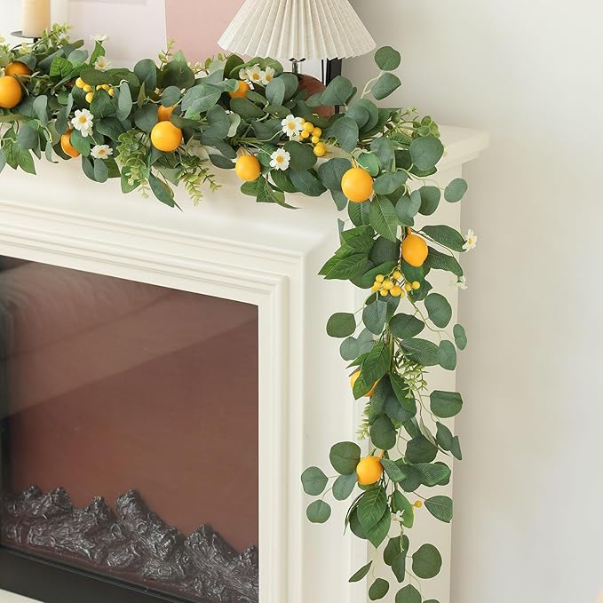 Mizii Artificial Lemon Garland 6FT Fake Fruit Lemons Garland with Berries Green Leaves Hanging Vines Greenery Decorations for Kitchen Table Centerpieces Room Party Birthday Decor (Lemon with Berries)