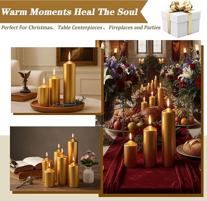 36 Pcs Gold Pillar Candles Bulk Set,Hurricane Candles,3 Different Lengths (12 Each),Dripless Unscented Smokeless,Suitable for Decorating Christmas, Weddings, and Other Events!