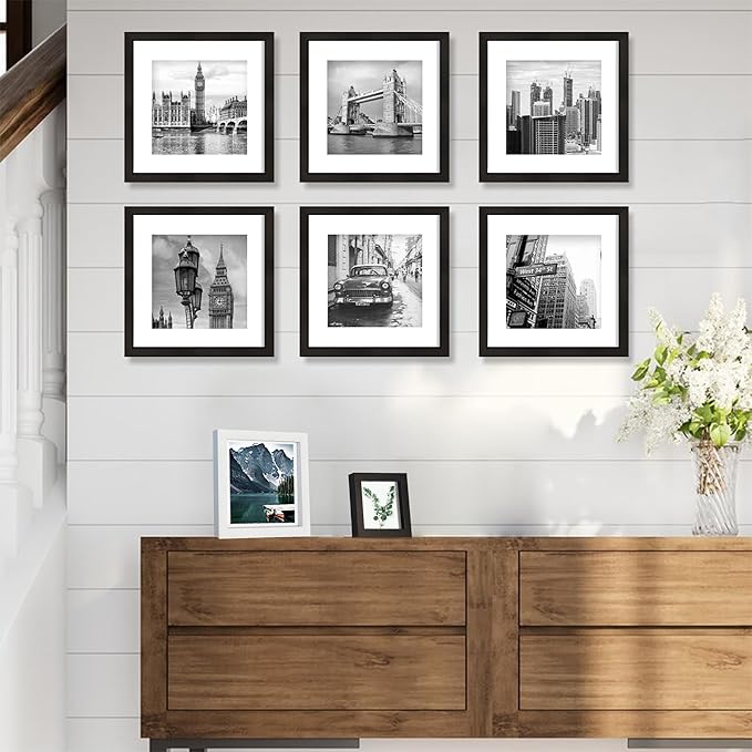 11x11 Black Picture Frame set of 3, Made of Wooden Square Photo frame - Displays 8x8 Picture With Mat or 11 x 11 Without Mat, Desktop and Wall Mounting Collage Frame set