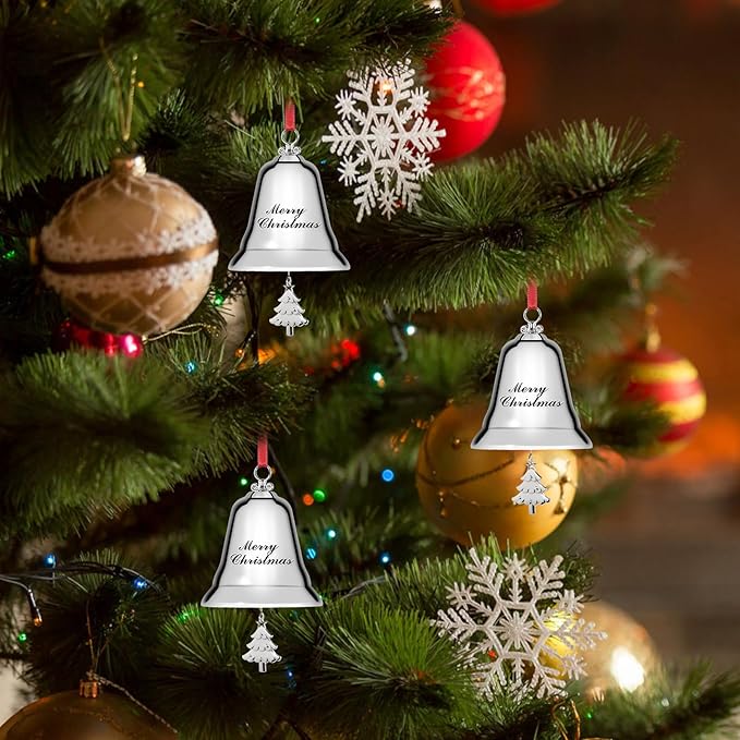 Styleonme Decorative Bells, Christmas Ornaments 2025, Engraved It's Merry Christmas, Silvery Bells Decoration with Pendants Tree
