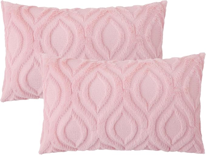 decorUhome Throw Pillow Covers 12x20 Inch Set of 2, Soft Plush Faux Wool Light Pink Solid Couch Pillow Covers, Accent Farmhouse Neutral Lumbar Pillow Cases for Sofa Bed Living Room