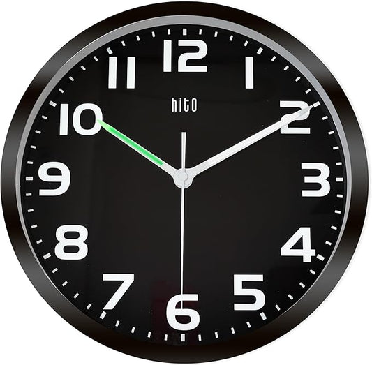 HITO 10 Inch Night Light Wall Clock Battery Operated Brightness Adjustable, Black Metal Frame, Glass Cover(Hands + Numbers Illuminate)
