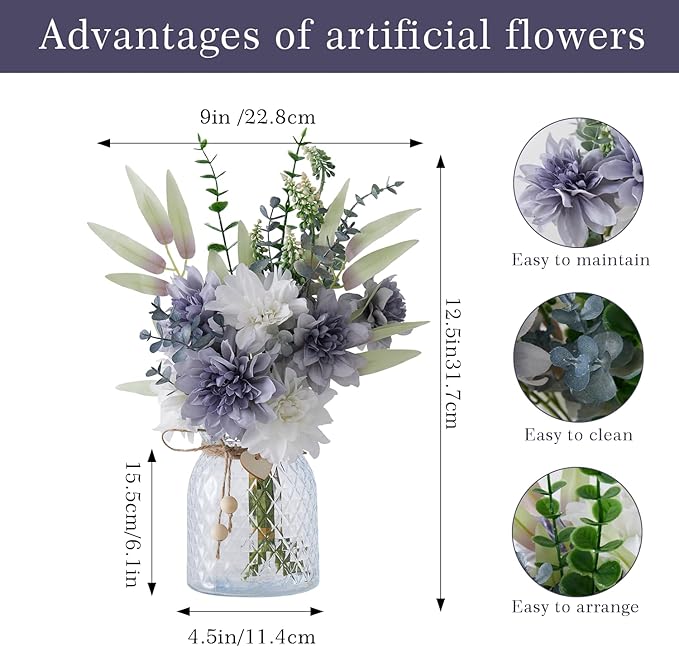 Fake Flowers with Vase Combo Bue Wite Flowers Mix Silk Artificial Flowers Dahlia, Fake Plastic Flowers Bulk Decoration, Faux flower for Wedding Bridal Bouquets, Floral Arrangement, Table Centerpieces