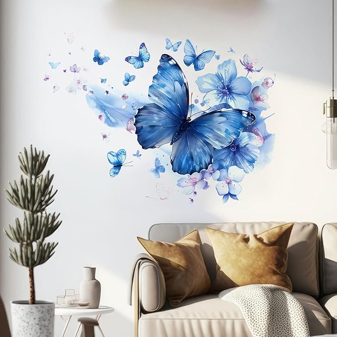 Blue Butterfly & Flower Watercolor Wall Decals – Large Removable Vinyl Stickers, Dreamy Wall Art for Bedroom, Living Room, Bathroom, or Office Decor