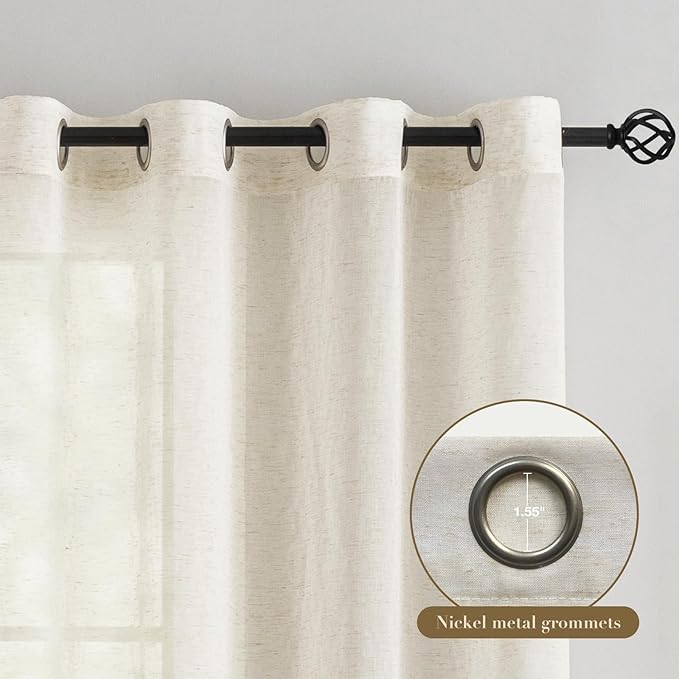 Anmao Flax Linen Curtains for Living Room 90 Inch Length 2 Panels Set, Light Filtering Sheer Window Curtain Drapes for Bedroom with Nickel Grommet, 52 Inch Wide Each Panel, Ivory Color