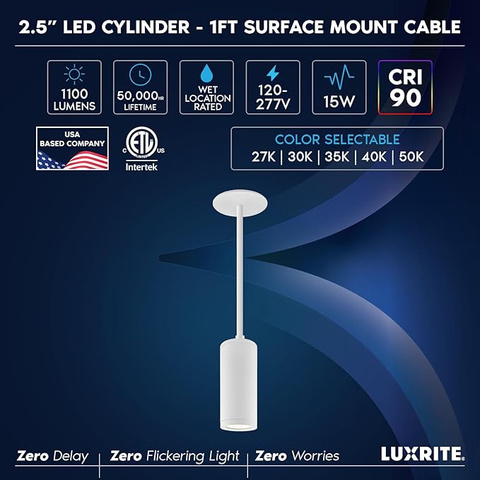 LUXRITE 2.5-Inch LED Cylinder Pendant Light with 1FT Surface Mount Cable, 5CCT 2700K-5000K Selectable, CRI90, 1100LM, 15W, TRIAC/0-10V Dimmable, Universal Voltage 120V-277V, IC Rated ETL, White Finish