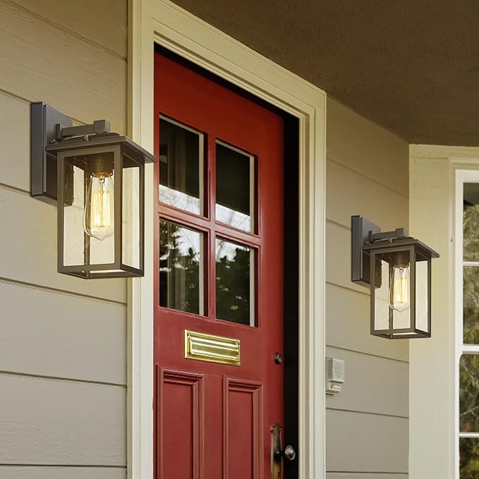 Outdoor Wall Sconces 2 Pack, Exterior Light Lantern Fixtures, Porch Light Lamps Outdoor Wall Mounted in Black Finish with Seeded Glass for House, Garage, Patio, Yard, Garden