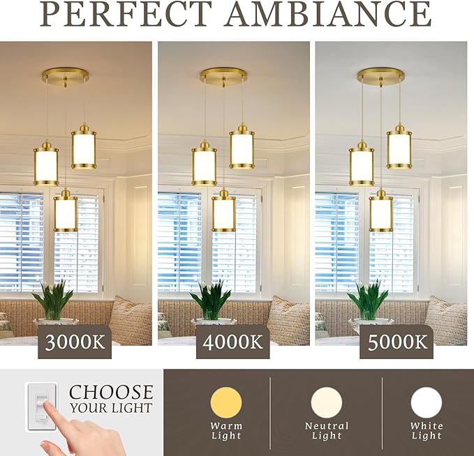 3-Light Pendant Lighting, Brushed Gold Dining Room Chandelier Light Fixture Over Table with Milk Glass, Modern Cluster Hanging Lights for Kitchen Island Sink, OS-3014-3BGW