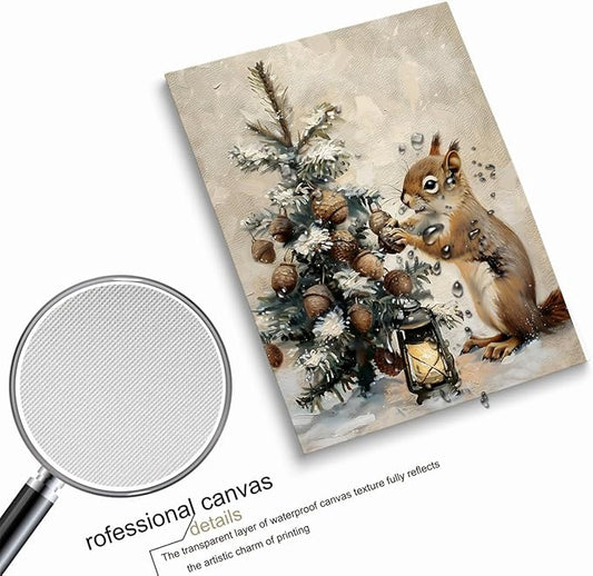 Winter Squirrel Canvas Poster,Winter Canvas Wall Art,Snowy Pine Tree,Rustic Lantern, Acorn Ornaments,Holiday Scene Poster,Woodland Christmas,Christmas Rustic Cottage Core Decor24x36inch Unframed