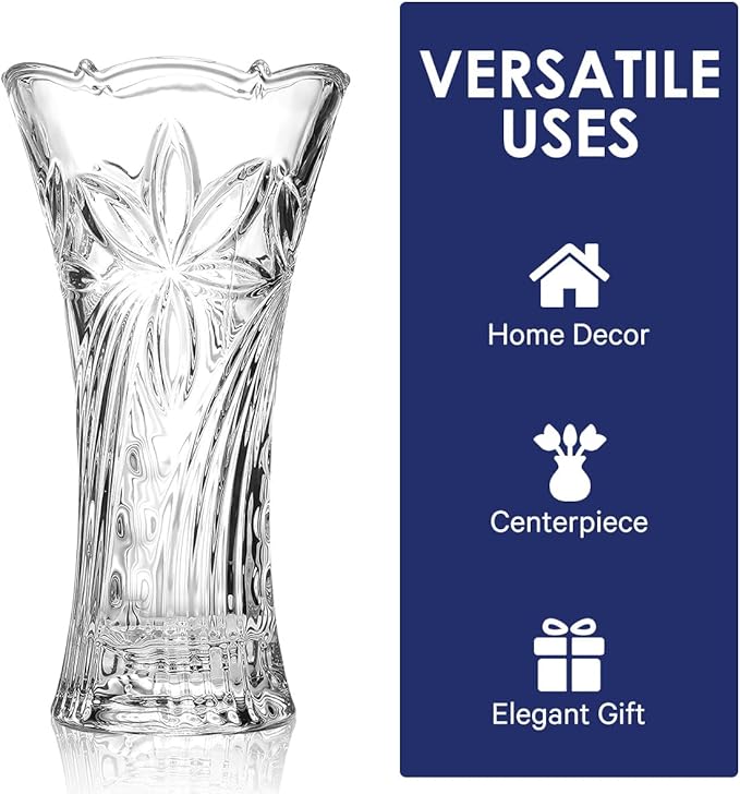 CS Crystal Vase 12-inch high, Coconut Flower Design, for Flowers & Decor. Lovely Nice Shiny Piece. Perfect as a Gift, Suitable for All Occasions.