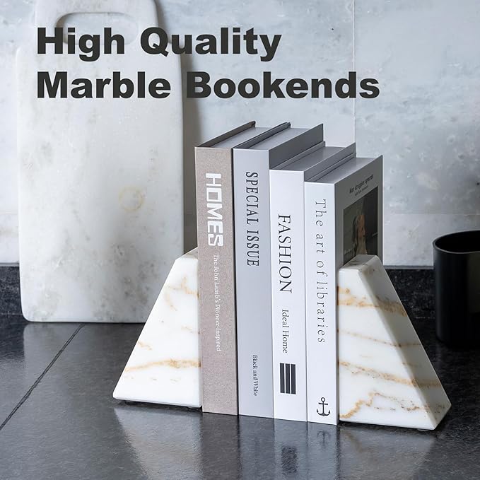 Marble Bookends for Heavy Books, Calacatta Decorative Book Ends for Shelves, Unique and Heavy Bookends for Hardback Book & Cookbooks, Stone Book Stopper, Modern Book Holder,Set of 2