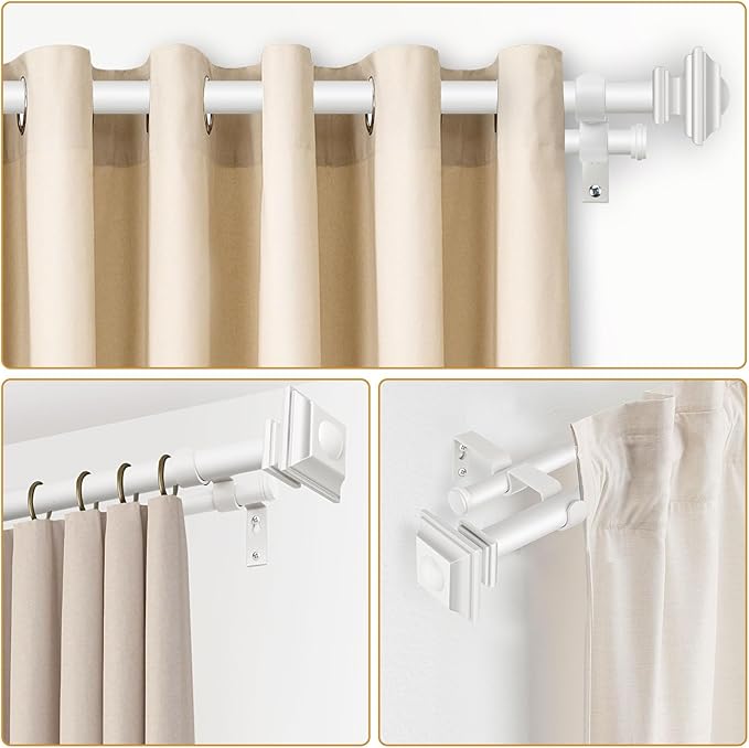 KAMANINA 1 Inch Double Curtain Rods 72 to 144 Inches (6-12 Feet) Adjustable Heavy Duty Drapery Rod for Windows 66 to 120, Square Ends, Ivory White