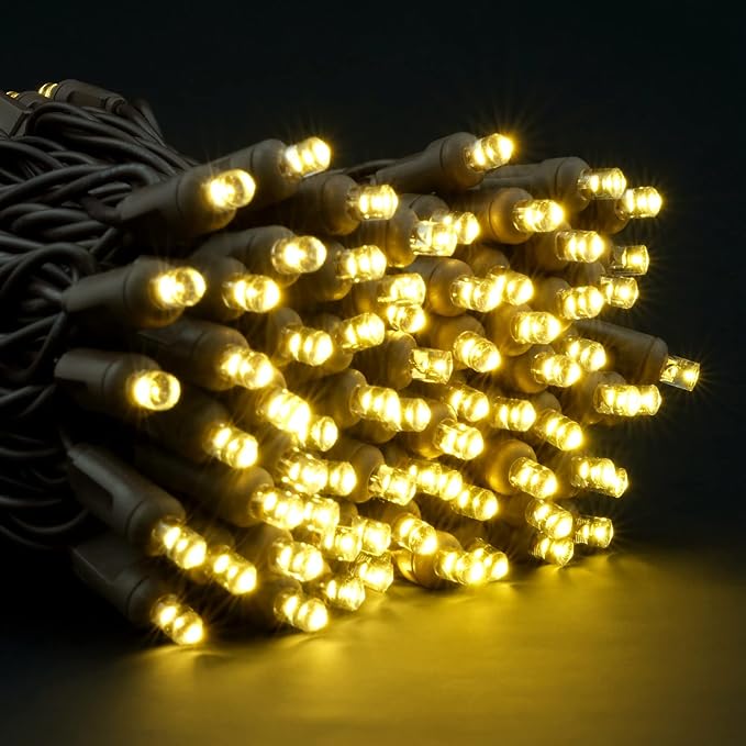 YULETIME Warm White 5MM LED Christmas Lights, 33 ft 100 Count 4" Spacing One-Piece High Waterproof Wide Angle UL Certified String Light (Warm White - Brown Wire)